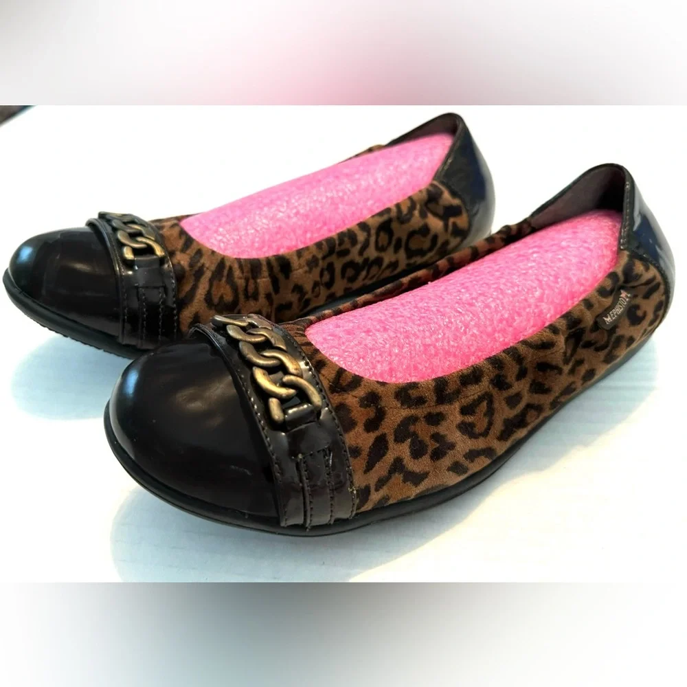 Mephisto Ballet Flats 7.5 Brown Cheetah Leather Cap toe slip ons animal Preppy